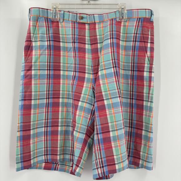 Peter Millar Seaside Sz38L Multicolor Plaid Flat Front Silk Linen Blend Shorts - Picture 5 of 6